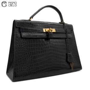 HERMES Kelly 32 Noir Crocodile Handbag H Engraved
