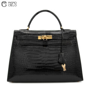 HERMES Kelly 32 Noir Crocodile Handbag W Engraved