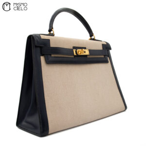 HERMES Kelly 32 Box Calf Toile Navy Strap