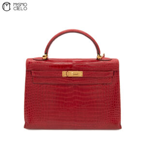 HERMES Authenticated Kelly 32 Porosus Red Blaze and Gold Metallic Crocodile Bag O Y series