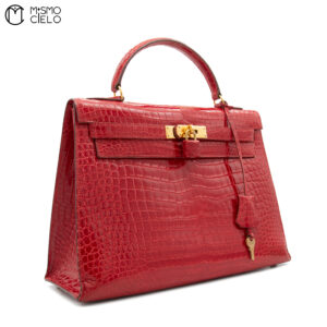 HERMES Authenticated Kelly 32 Porosus Red Blaze and Gold Metallic Crocodile Bag O Y series