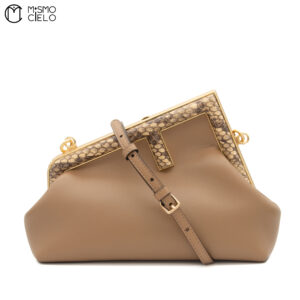 FENDI Pochette Fendi First 8BP129 Lamb Leather and Python Dark Brown Bag #^