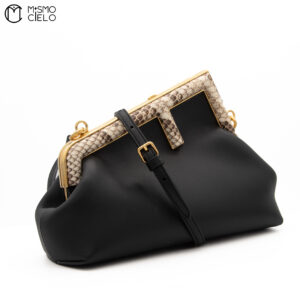 FENDI Pochette Fendi First 8BP129 Lamb Leather and Python Black Shoulder Bag ^