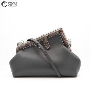 FENDI Pochette Fendi First 8BP129 Lamb Leather and Dark Python Grey Shoulder Bag ^