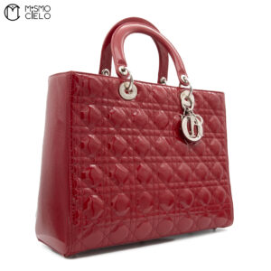 CHRISTIAN DIOR Large Lady Dior Cannage Enamel 2WAY Burgundy Shoulder Bag