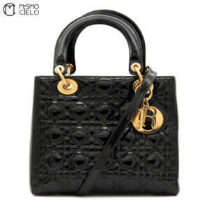 CHRISTIAN DIOR Lady Dior Cannage Black Enamel Shoulder Bag