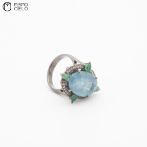 MY BEADS LUXE Silver 5.85 Ct Aquamarine Emerald and Diamond Ring