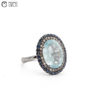 MY BEADS LUXE Silver 4.33 Ct Aquamarine Sapphire and Diamond Ring