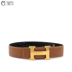 HERMES H Belt Leather/Gold A Series Black/ Brown Size 68 *