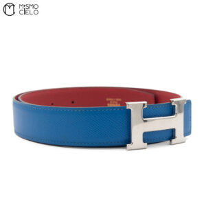 HERMES Silver H Belt Blue/Red 89 cm *