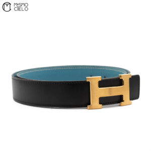 HERMES Gold H Belt leather G Engraved Black/blue 105 cm *