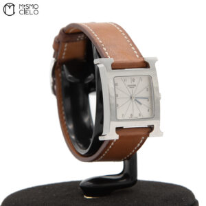 HERMES Silver H Watch White Face Brown Band* ^