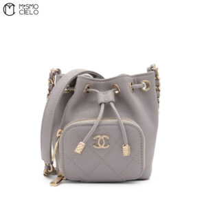 CHANEL Leather Drawstring Grey Bucket Pouch * ^