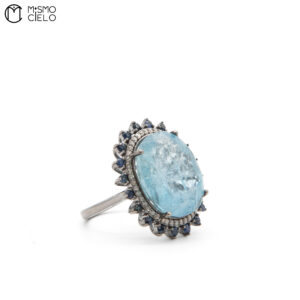 MY BEADS LUXE Silver 5.08 Ct Aquamarine Sapphire and Diamond Ring