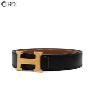 HERMES Black Brown Gold H Reversible Belt 107 cm *