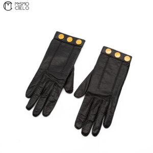 HERMES Black Serie Leather Gloves with Gold Buttons 6 1/2