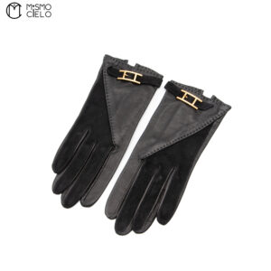 HERMES Black  Leather Gloves with Gold  6