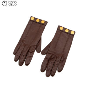 HERMES Brown Serie Leather Gloves with Gold Buttons 6 1/2