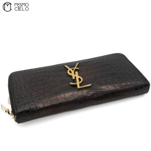 YVES SAINT LAURENT YSL Round Zip Long Crocodile Embossed Black Wallet *