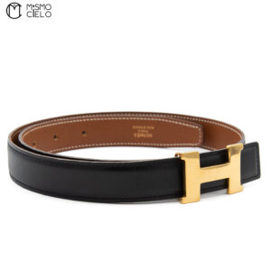 HERMES Mini Gold H Belt Z Series Black/ Brown Size 70