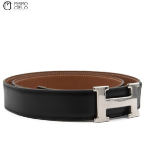 HERMES Silver Constance H Belt Black and Brown K Engraved 115 cm *