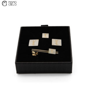 YVES SAINT LAURENT Square Silver and Gold Logo Cufflinks and Tie Pin