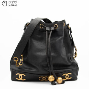 CHANEL Caviar Skin Triple Coco Drawstring Chain Shoulder Bag With Pouch