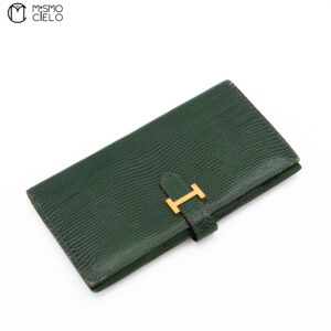 HERMES Green and Gold Lizard Bearn Long Wallet