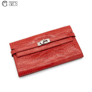 HERMES Kelly Orange Poppy Crocodile Skin Bifold Wallet with P Engraved
